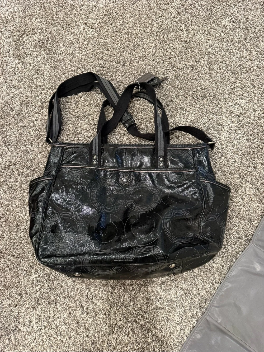 Coach Signature Patent Leather Diaper Bag Black Gray Tote Bag W/ Changing Pad